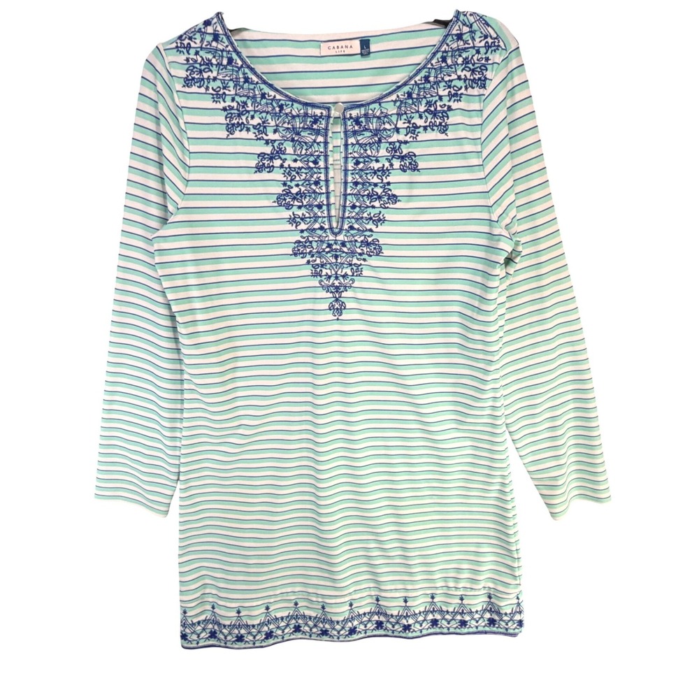 Cabana Life Embroidered Tunic Dress Womens L Green White Striped Coastal UPF 50+